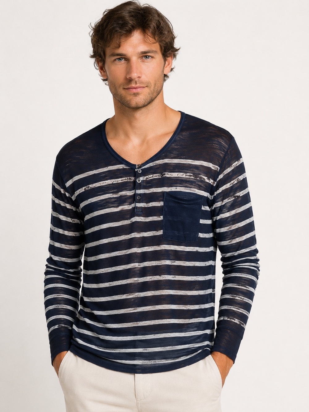 I Jean By Buffalo Men’s XL Striped Henley Shirt Distressed Raw Hem Lightweight